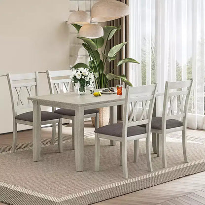 VECELO Farmhouse Style Dining Table Set, Rubber Wood Table with 4/6 Upholstered Dining Chairs, Gray