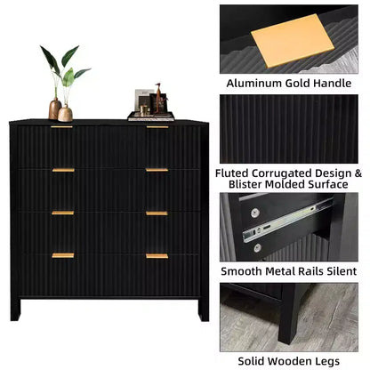 Acekool 4 Drawer Dresser, Fluted Bedroom Chest, Mid Century Modern Tall Organizer with Metal Handle, Storage for Bedroom, Living Room, Hallway