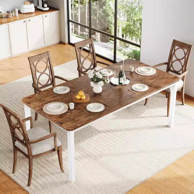 78.7 Farmhouse Dining Table for 6-8 People - Industrial Kitchen Table with Metal Frame & Chamfered Corners, for Dining Room, Small Space