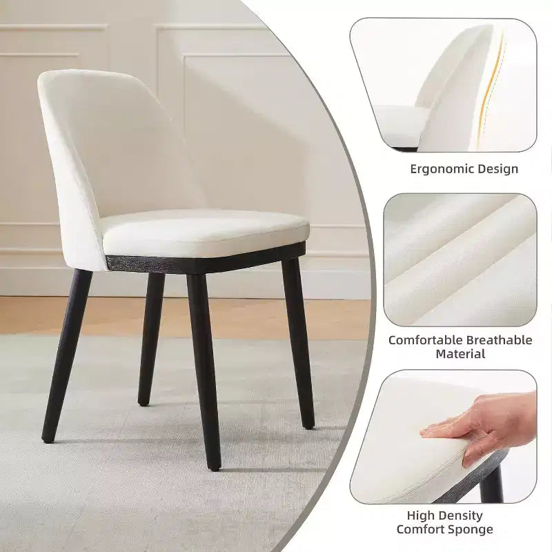 Modern Dining Chair Set of 2, Linen Upholstered Kitchen Chair, Dining Room Chair with Curved Back, Sold Wood Legs, for Kitchen, Dining Room