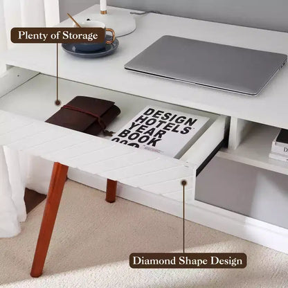 Computer Desk 43 Inch, Small Office Writing Table - Modern Simple Work Desk with Drawer & Open Storage Cubby, White for Home Bedroom