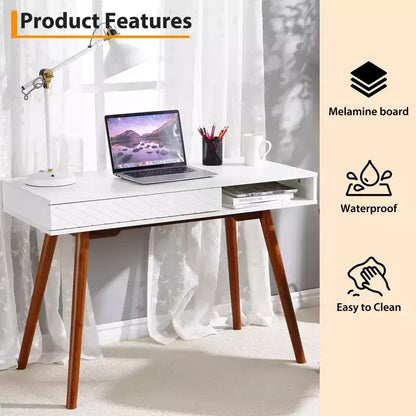 Computer Desk 43 Inch, Small Office Writing Table - Modern Simple Work Desk with Drawer & Open Storage Cubby, White for Home Bedroom