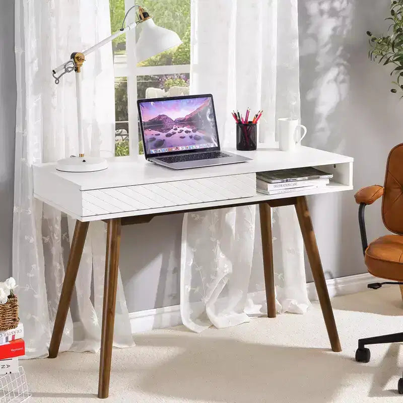 Computer Desk 43 Inch, Small Office Writing Table - Modern Simple Work Desk with Drawer & Open Storage Cubby, White for Home Bedroom