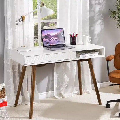 Computer Desk 43 Inch, Small Office Writing Table - Modern Simple Work Desk with Drawer & Open Storage Cubby, White for Home Bedroom