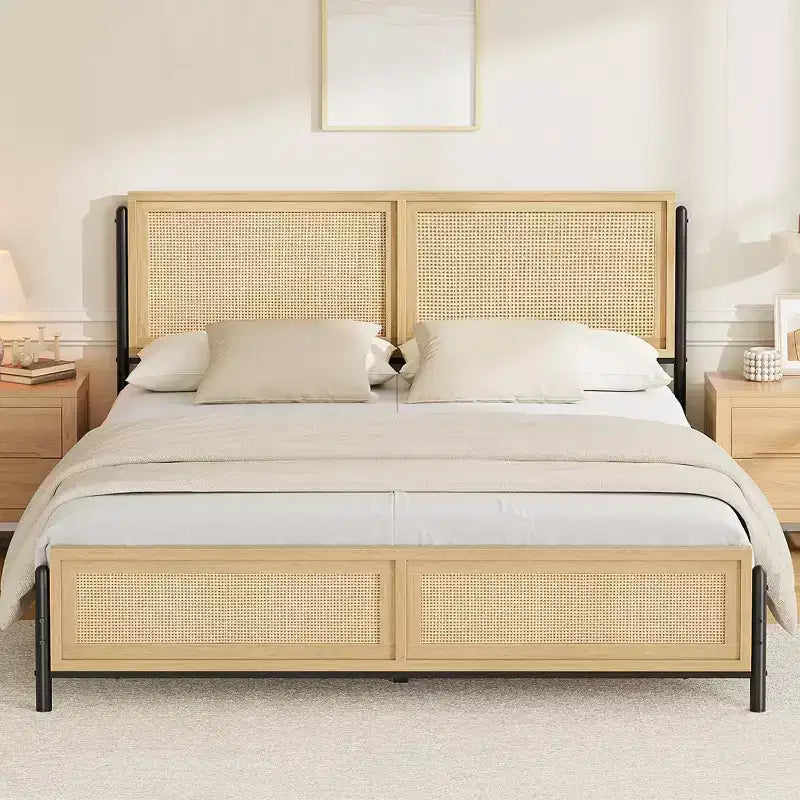 Acekool Rattan Bed Frame - Boho Full Size with Storage