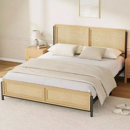 Acekool Rattan Bed Frame - Boho Full Size with Storage