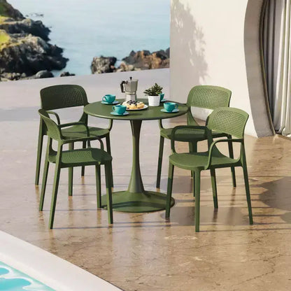 WestinTrends Playa 5-Piece Round Metal Bistro Dining Table Set And Stackable Resin Patio Dining Side Chairs