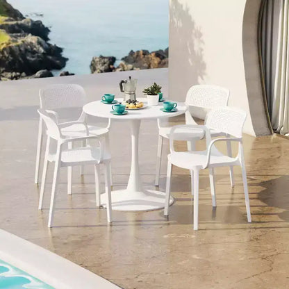 WestinTrends Playa 5-Piece Round Metal Bistro Dining Table Set And Stackable Resin Patio Dining Side Chairs