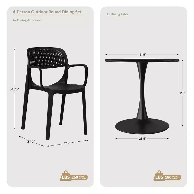 WestinTrends Playa 5-Piece Round Metal Bistro Dining Table Set And Stackable Resin Patio Dining Side Chairs
