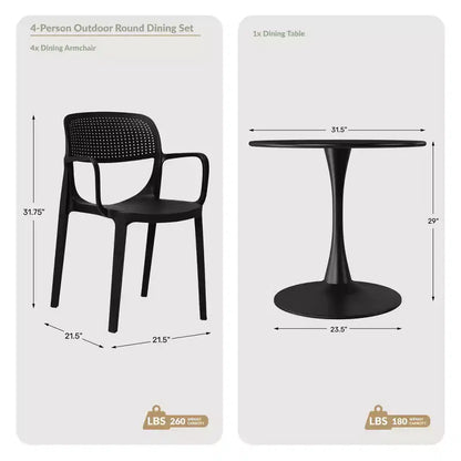 WestinTrends Playa 5-Piece Round Metal Bistro Dining Table Set And Stackable Resin Patio Dining Side Chairs