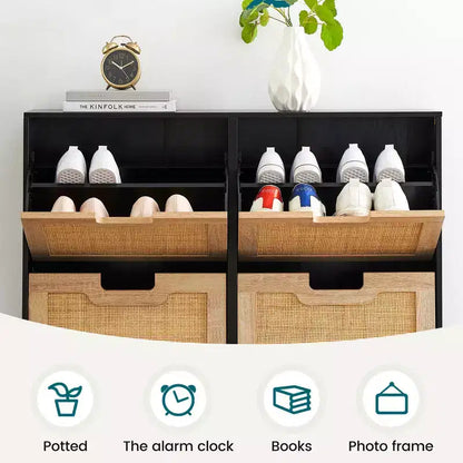 Meuble à chaussures pour entrée, Meuble à chaussures en rotin avec 4 tiroirs à abattant, Organiseur de rangement à chaussures autoportant