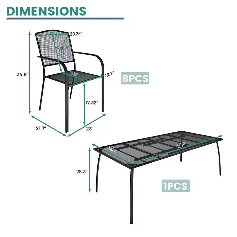 Mondawe Ensemble de Repas d'Extérieur 9 Pièces, Table et Chaises en Acier et Maille