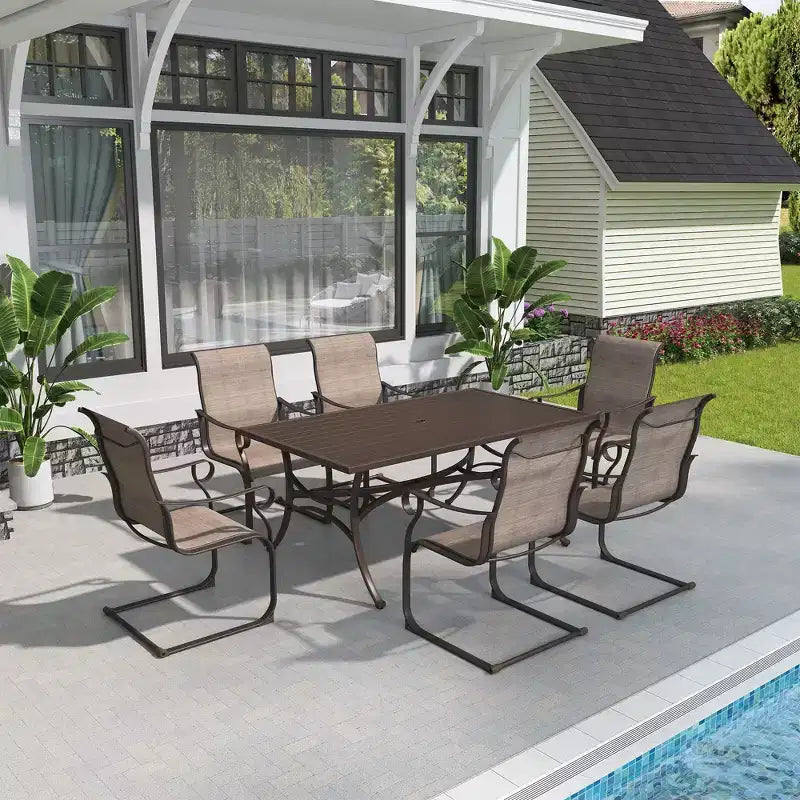 Mondawe 7-Piece Outdoor Steel Textiliene Dining Set With 6 Chairs & 1 Umbrella Hole Table