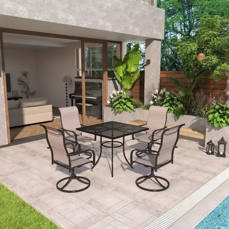 Mondawe 5-Piece Outdoor Dining Set With 4 Swivel Chairs & 1 Steel Mesh Umbrella Hole Table