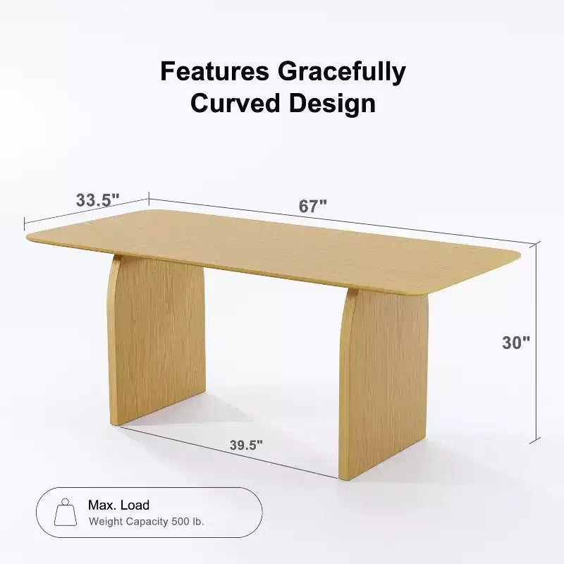 67 Farmhouse Rectangle Brown Dining Table for 4-6 People with Round Arched Table Legs for Dining Room and Living Room
