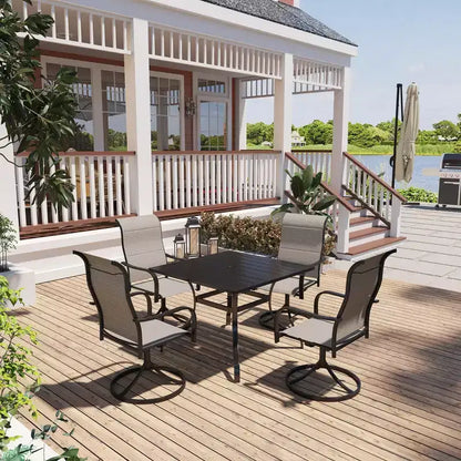Mondawe 5-Piece Patio Dining Set,Square Table built-in Umbrella Hole & 360 Degree Swivel Chairs Outdoor Set