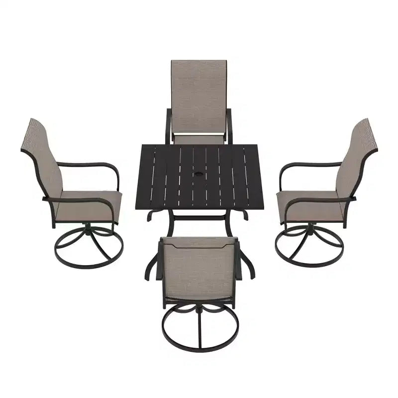Mondawe 5-Piece Patio Dining Set,Square Table built-in Umbrella Hole & 360 Degree Swivel Chairs Outdoor Set