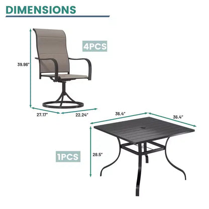 Mondawe 5-Piece Patio Dining Set,Square Table built-in Umbrella Hole & 360 Degree Swivel Chairs Outdoor Set