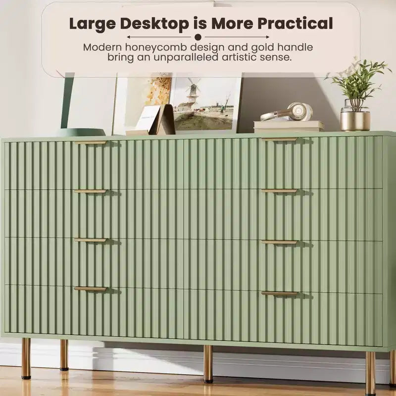Commode à 8 tiroirs pour chambre à coucher, commode moderne cannelée de 137 cm de large avec tiroirs profonds, commode en bois pour salon, couloir, chambre d'enfant