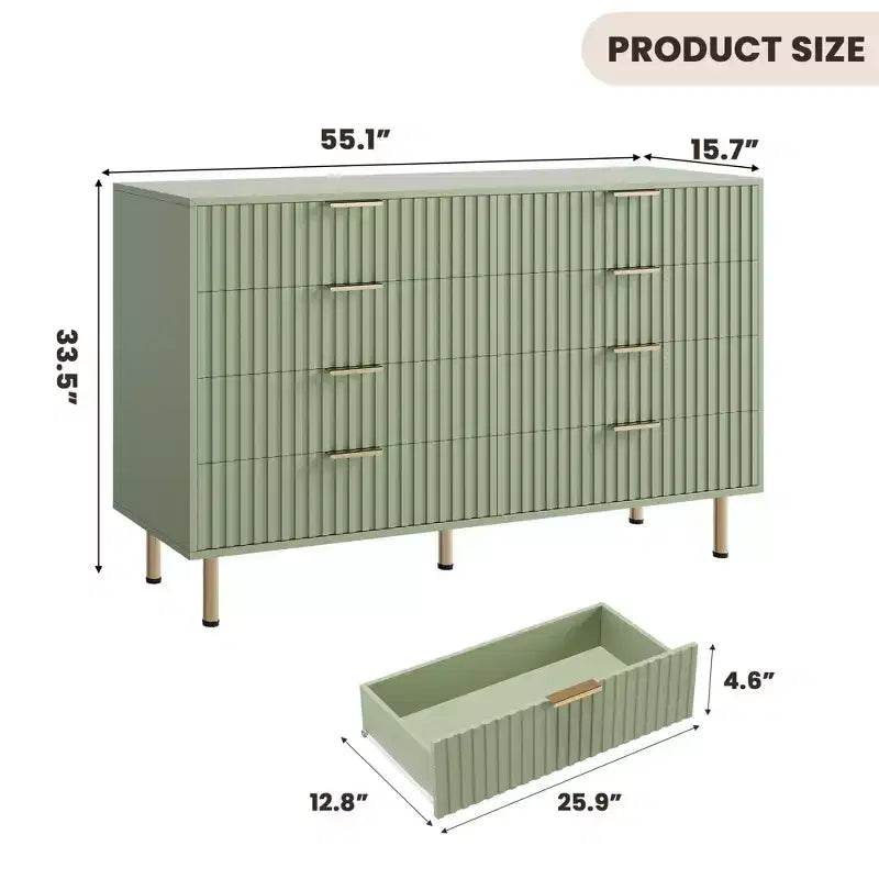Commode à 8 tiroirs pour chambre à coucher, commode moderne cannelée de 137 cm de large avec tiroirs profonds, commode en bois pour salon, couloir, chambre d'enfant