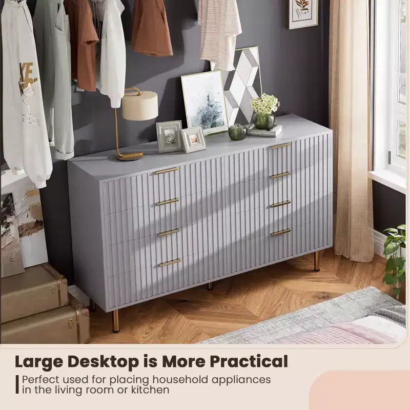 Commode à 8 tiroirs pour chambre à coucher, commode moderne cannelée de 137 cm de large avec tiroirs profonds, commode en bois pour salon, couloir, chambre d'enfant