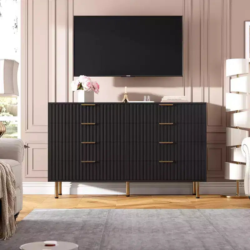 Commode à 8 tiroirs pour chambre à coucher, commode moderne cannelée de 137 cm de large avec tiroirs profonds, commode en bois pour salon, couloir, chambre d'enfant