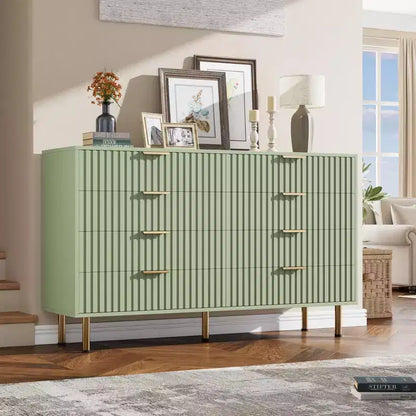 Commode à 8 tiroirs pour chambre à coucher, commode moderne cannelée de 137 cm de large avec tiroirs profonds, commode en bois pour salon, couloir, chambre d'enfant