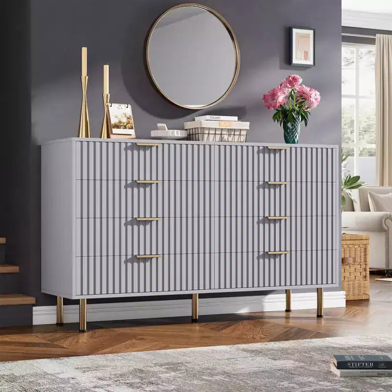 Commode à 8 tiroirs pour chambre à coucher, commode moderne cannelée de 137 cm de large avec tiroirs profonds, commode en bois pour salon, couloir, chambre d'enfant