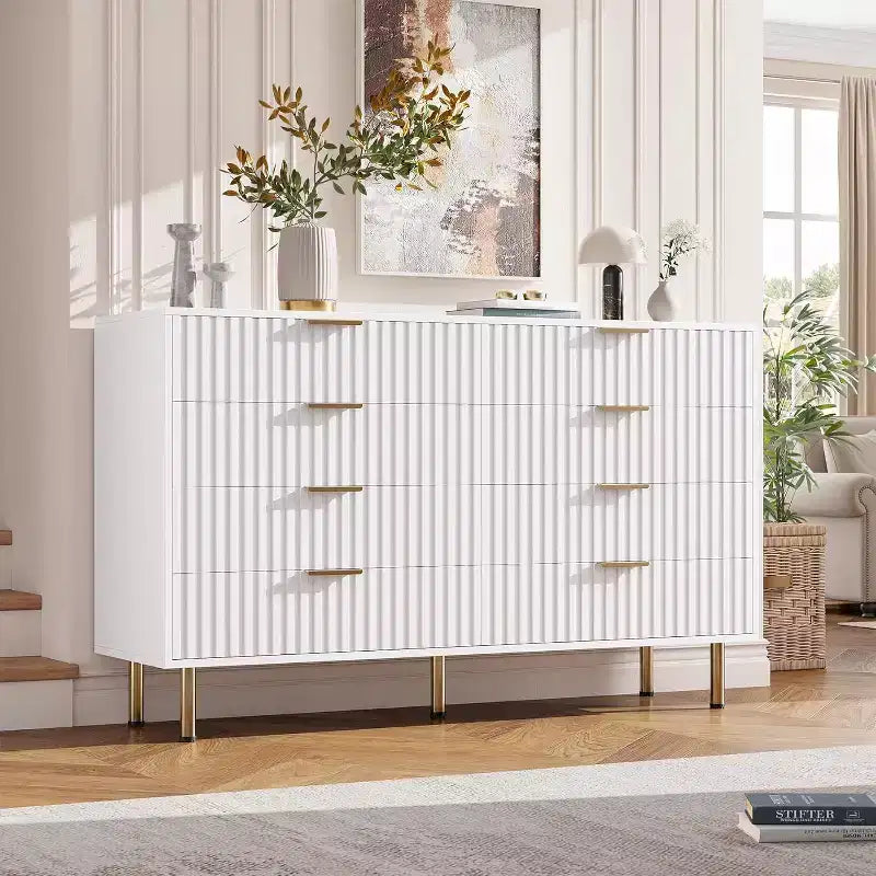 Commode à 8 tiroirs pour chambre à coucher, commode moderne cannelée de 137 cm de large avec tiroirs profonds, commode en bois pour salon, couloir, chambre d'enfant