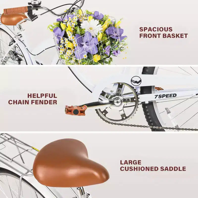 hykolity Vélo de Ville 26 pouces, Vélo de Plage, Vélo de Cyclisme 7 Vitesses pour Adulte, Panier Avant, Porte-Bagages Arrière, Multicolore