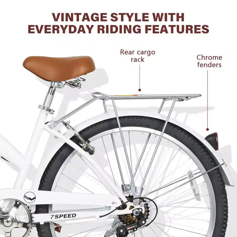 hykolity Vélo de Ville 26 pouces, Vélo de Plage, Vélo de Cyclisme 7 Vitesses pour Adulte, Panier Avant, Porte-Bagages Arrière, Multicolore