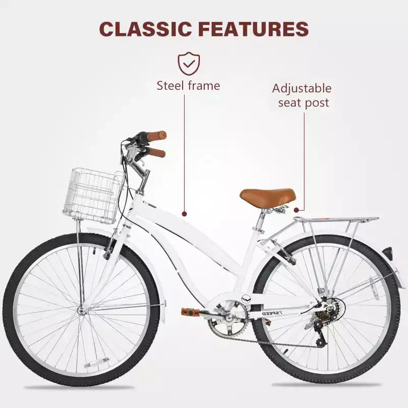 hykolity Vélo de Ville 26 pouces, Vélo de Plage, Vélo de Cyclisme 7 Vitesses pour Adulte, Panier Avant, Porte-Bagages Arrière, Multicolore
