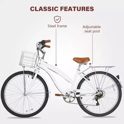 hykolity Vélo de Ville 26 pouces, Vélo de Plage, Vélo de Cyclisme 7 Vitesses pour Adulte, Panier Avant, Porte-Bagages Arrière, Multicolore