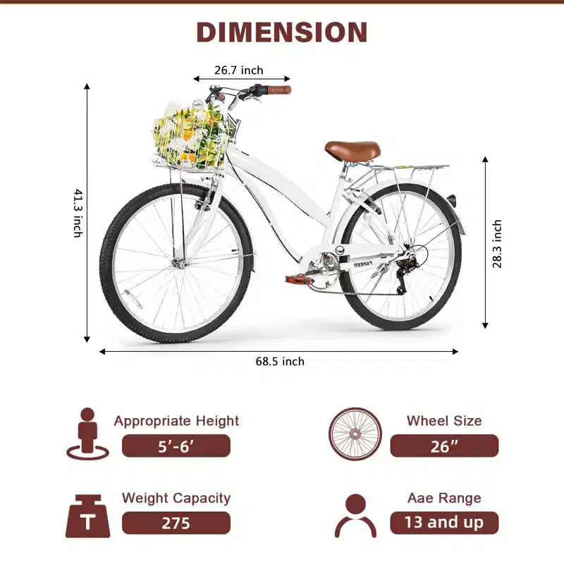 hykolity Vélo de Ville 26 pouces, Vélo de Plage, Vélo de Cyclisme 7 Vitesses pour Adulte, Panier Avant, Porte-Bagages Arrière, Multicolore