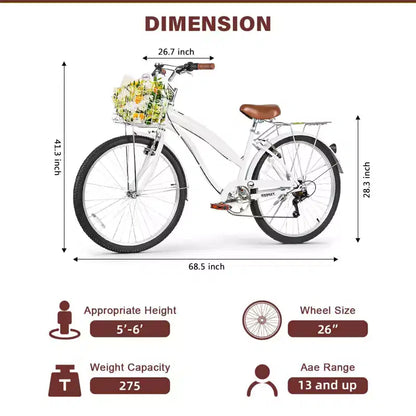 hykolity Vélo de Ville 26 pouces, Vélo de Plage, Vélo de Cyclisme 7 Vitesses pour Adulte, Panier Avant, Porte-Bagages Arrière, Multicolore