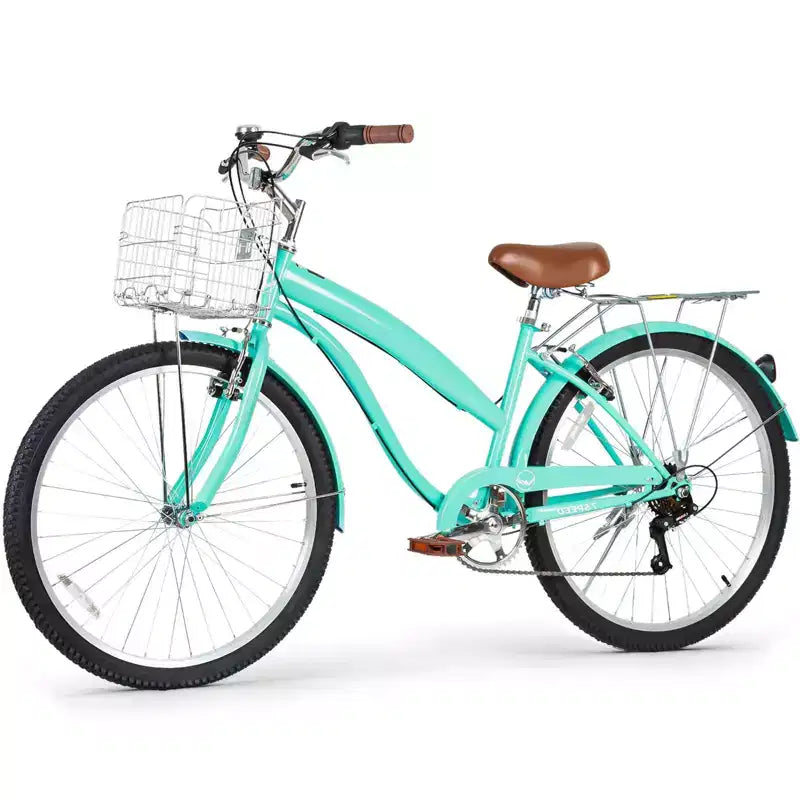 hykolity Vélo de Ville 26 pouces, Vélo de Plage, Vélo de Cyclisme 7 Vitesses pour Adulte, Panier Avant, Porte-Bagages Arrière, Multicolore