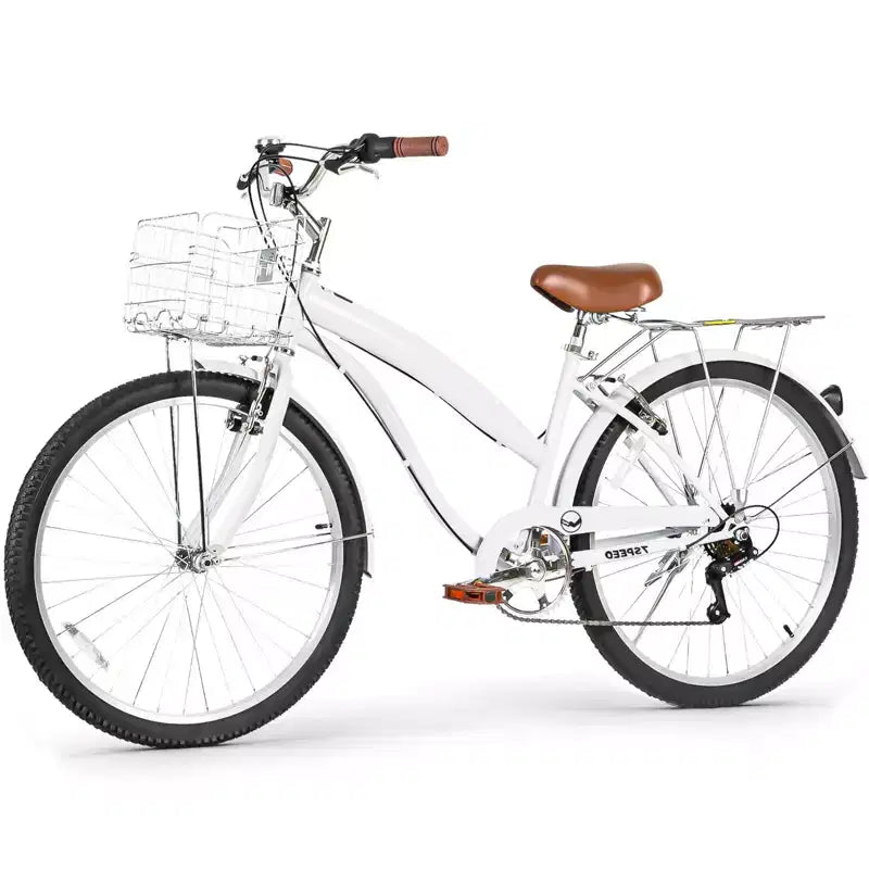 hykolity Vélo de Ville 26 pouces, Vélo de Plage, Vélo de Cyclisme 7 Vitesses pour Adulte, Panier Avant, Porte-Bagages Arrière, Multicolore