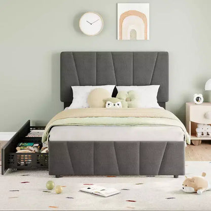 Twin Size Bed Frame with Adjustable Headboard and 2 Storage Drawers, Soft Upholstered Bed Frame with Wooden Slats Support,Dark Grey