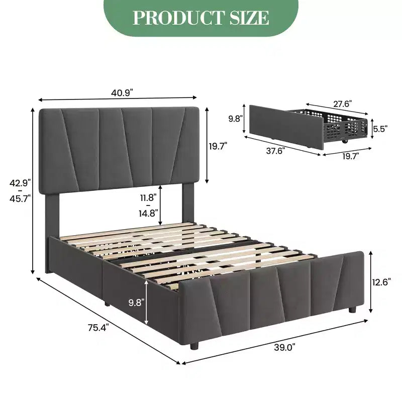 Twin Size Bed Frame with Adjustable Headboard and 2 Storage Drawers, Soft Upholstered Bed Frame with Wooden Slats Support,Dark Grey