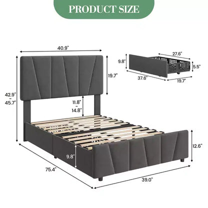 Twin Size Bed Frame with Adjustable Headboard and 2 Storage Drawers, Soft Upholstered Bed Frame with Wooden Slats Support,Dark Grey