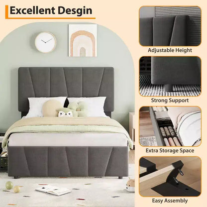 Twin Size Bed Frame with Adjustable Headboard and 2 Storage Drawers, Soft Upholstered Bed Frame with Wooden Slats Support,Dark Grey