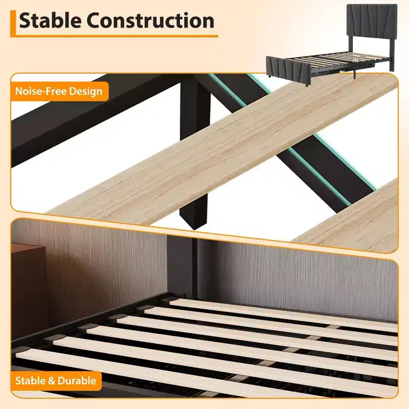 Twin Size Bed Frame with Adjustable Headboard and 2 Storage Drawers, Soft Upholstered Bed Frame with Wooden Slats Support,Dark Grey
