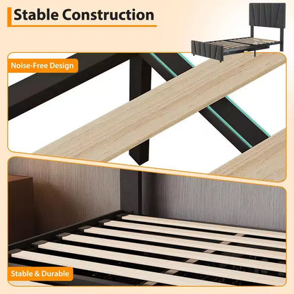 Twin Size Bed Frame with Adjustable Headboard and 2 Storage Drawers, Soft Upholstered Bed Frame with Wooden Slats Support,Dark Grey