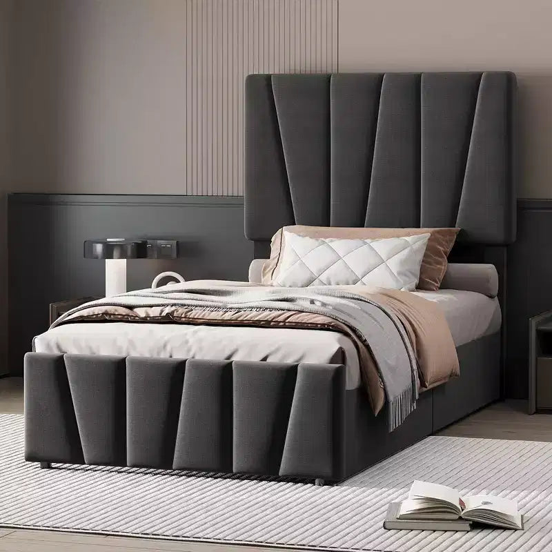 Twin Size Bed Frame with Adjustable Headboard and 2 Storage Drawers, Soft Upholstered Bed Frame with Wooden Slats Support,Dark Grey