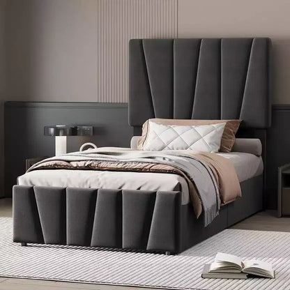 Twin Size Bed Frame with Adjustable Headboard and 2 Storage Drawers, Soft Upholstered Bed Frame with Wooden Slats Support,Dark Grey