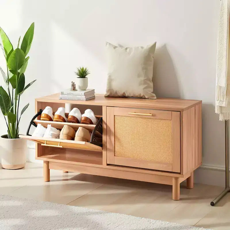 Banc à chaussures d'entrée VEVOR, 100 x 30 x 53 cm, aspect rotin, avec 2 tiroirs basculants, meuble de rangement pour chaussures 136 kg avec 4 compartiments, marron