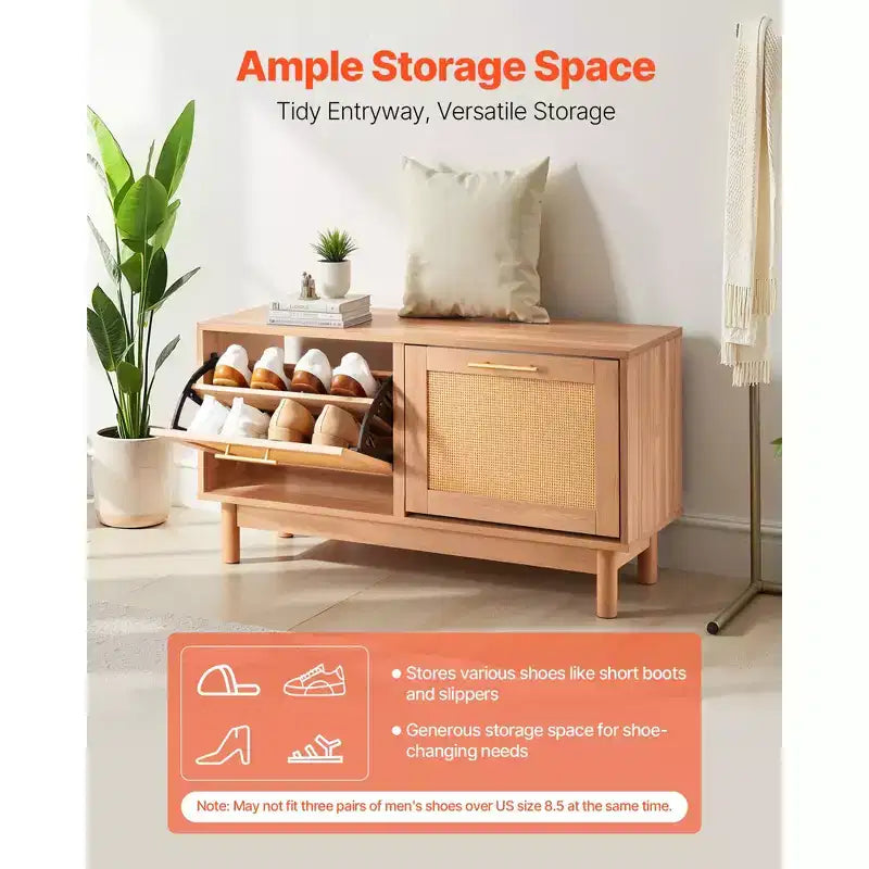 Banc à chaussures d'entrée VEVOR, 100 x 30 x 53 cm, aspect rotin, avec 2 tiroirs basculants, meuble de rangement pour chaussures 136 kg avec 4 compartiments, marron