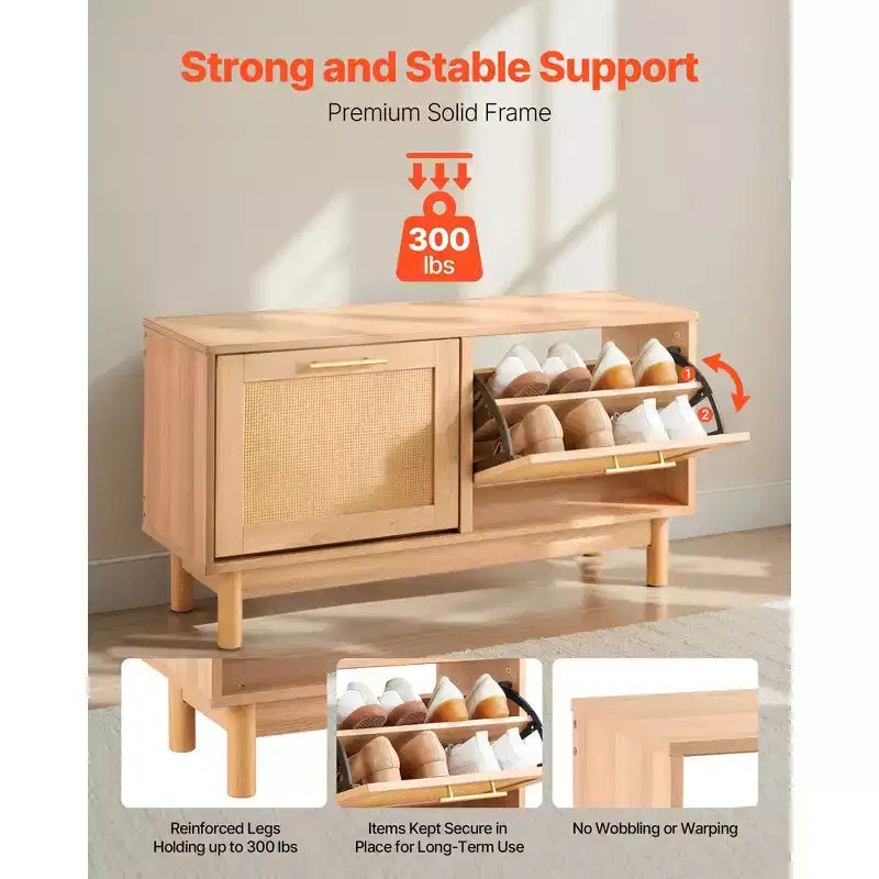 Banc à chaussures d'entrée VEVOR, 100 x 30 x 53 cm, aspect rotin, avec 2 tiroirs basculants, meuble de rangement pour chaussures 136 kg avec 4 compartiments, marron