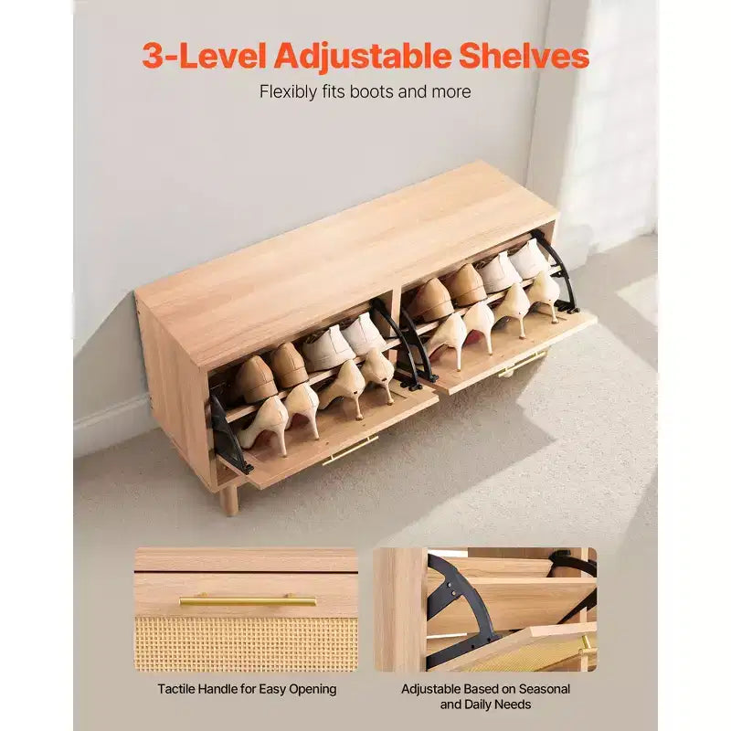 Banc à chaussures d'entrée VEVOR, 100 x 30 x 53 cm, aspect rotin, avec 2 tiroirs basculants, meuble de rangement pour chaussures 136 kg avec 4 compartiments, marron