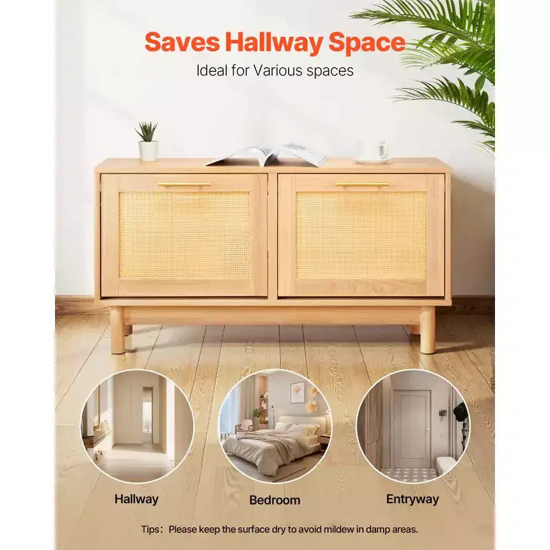 Banc à chaussures d'entrée VEVOR, 100 x 30 x 53 cm, aspect rotin, avec 2 tiroirs basculants, meuble de rangement pour chaussures 136 kg avec 4 compartiments, marron